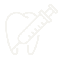 The image is a monochrome icon featuring a syringe with a needle pointing upwards and a tooth on its side, indicating an association between dental care and medical procedures.