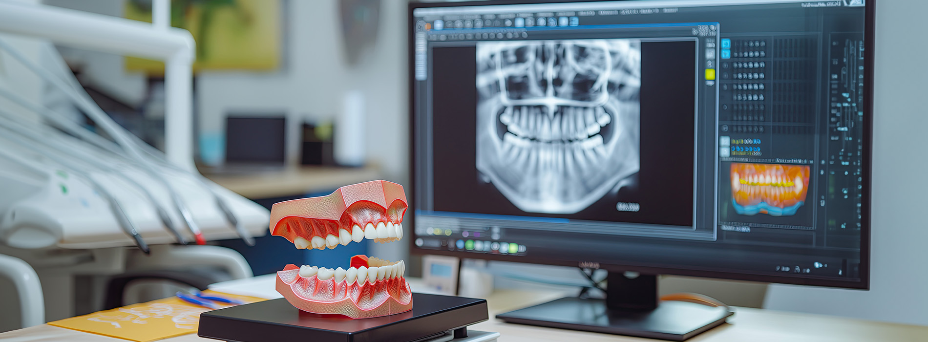 A dental office with a monitor displaying a 3D model of a human mouth and teeth, a computer monitor on the desk, and a person s face in the foreground.