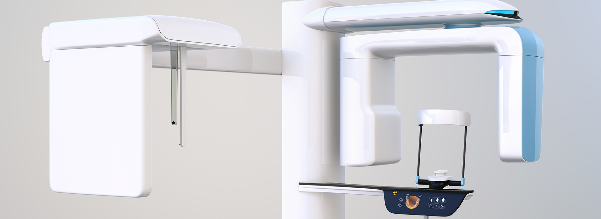 The image displays a medical dental chair with an attached overhead light, positioned in front of a large, modern dental machine or device.